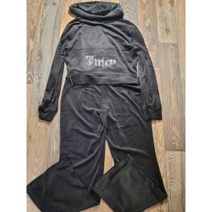 Juicy Couture Black Velour Tracksuit Set Rhinestone Zip Hoodie Flare Pants L NWT